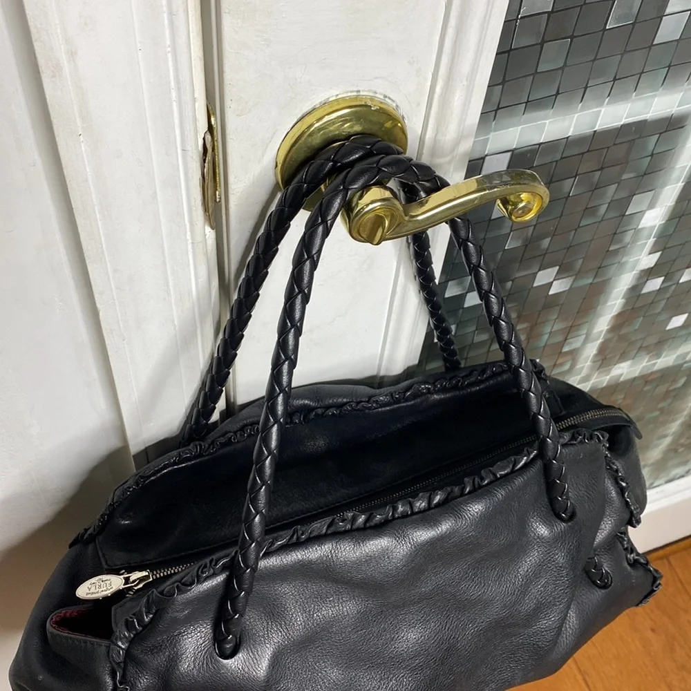 💕 Furla black Italian leather large braided satchel bag 💕